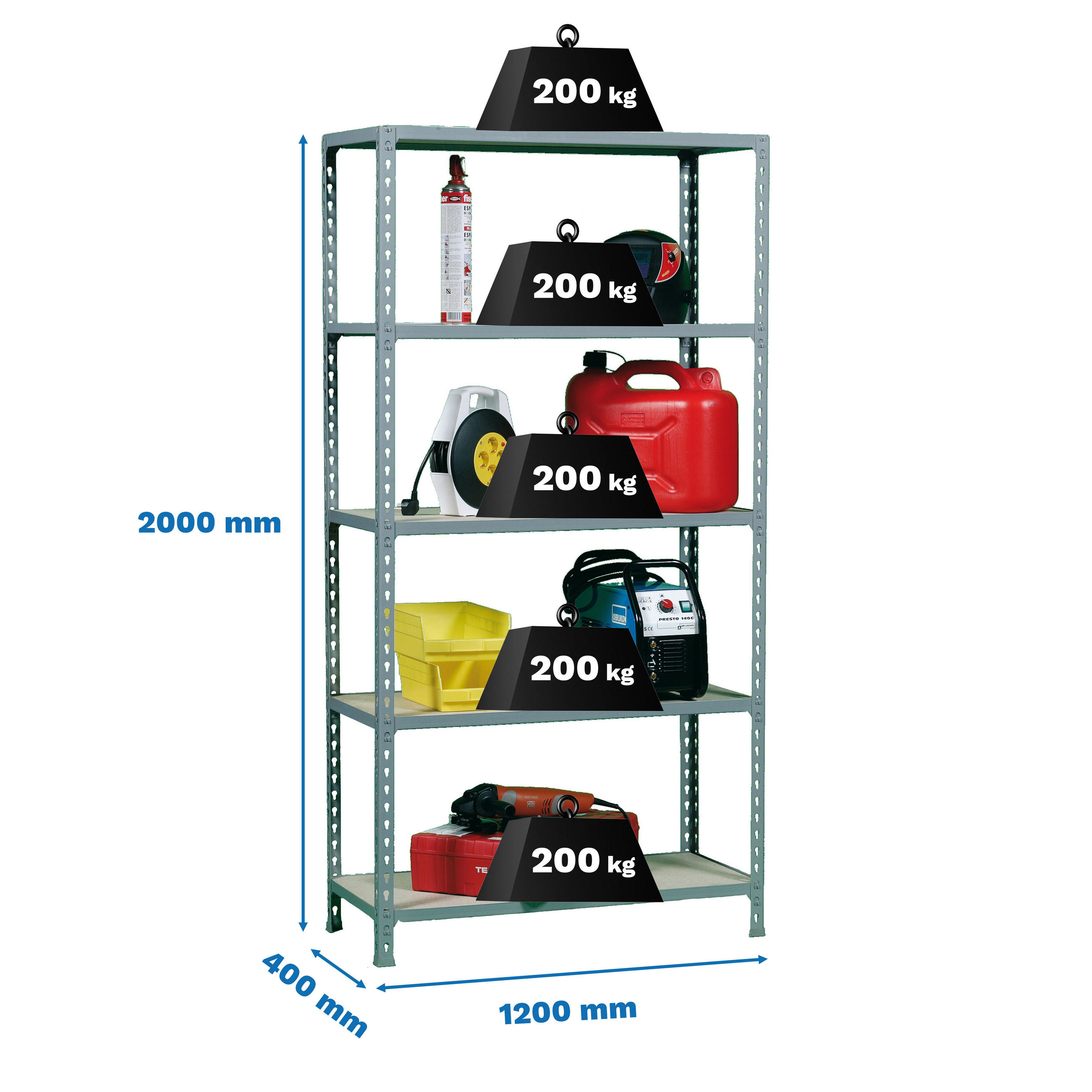 SCHWERLASTREGAL Big Muli HxBxT 200 x 120 x 40 cm 5 Fachböden Fachlast 200 kg Verzinkt - Silberfarben, Metall (120/200/40cm) - PROREGAL