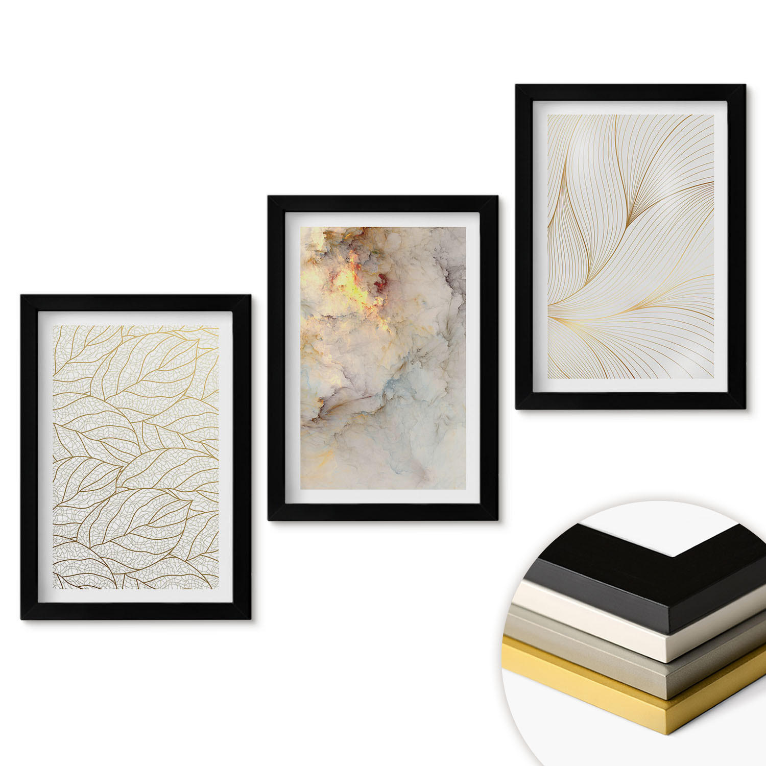 WANDBILDER 3er-Set - 20x30 cm Schwarzer Rahmen - Blättermuster Marmor abstrakt - Schwarz, Kunststoff (20/30cm) - ArtPrintCave