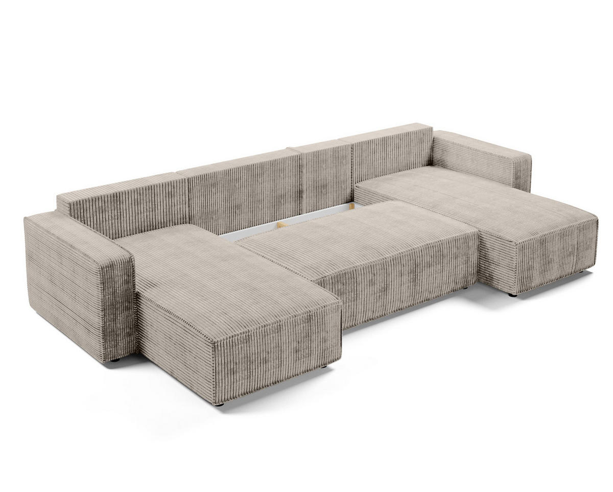 WOHNLANDSCHAFT Aydin U Form Beige 338/169/85 cm Cord mit Schlaffunktion - Beige/Schwarz, Kunststoff/Textil (338/85/169cm) - AX Living