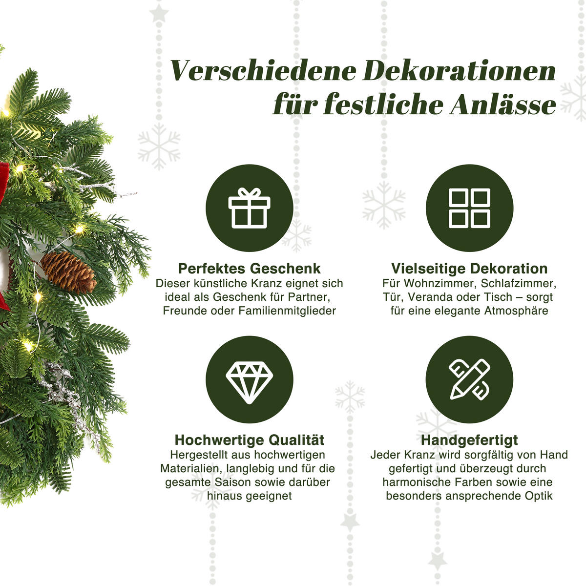 RUNDER Weihnachtskranz Ø45cm mit roter Schleife, 25 LEDs,Timer - Dunkelgrün, Naturmaterialien (45cm) - Hometopia