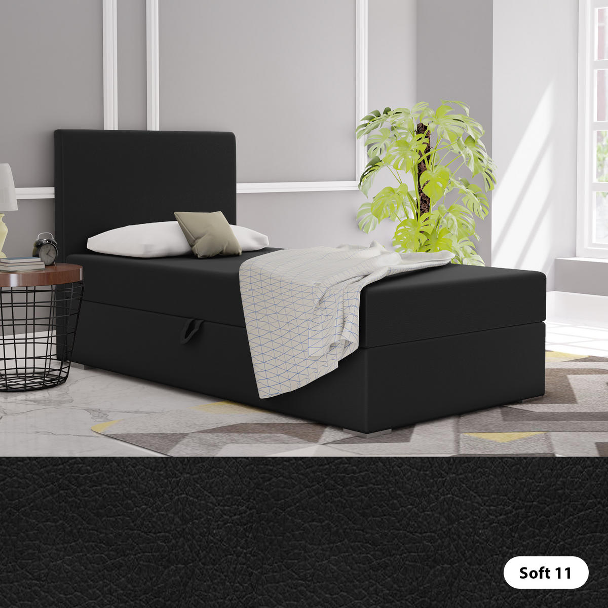 BOXBETT mit Bettkasten Kiberg Mini Basic 90x200 cm, Black - Schwarz, Textil (90/200cm) - Meblito