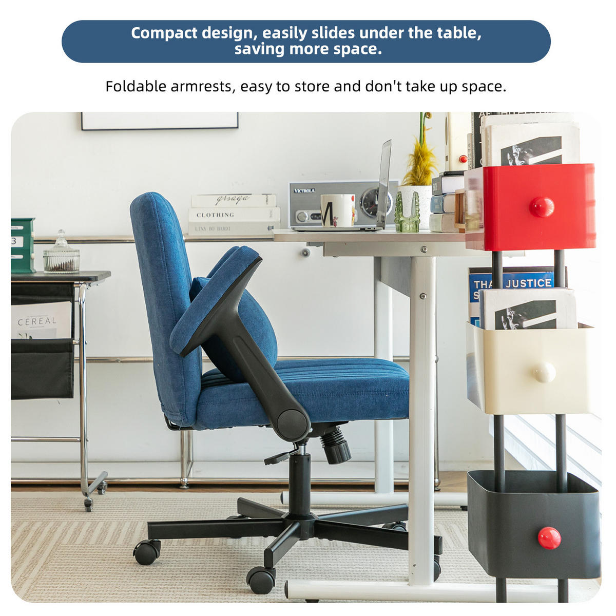 BÜROSTUHL höhenverstellbar mit klappbaren Armlehnen Stoff Blue - Blau, Kunststoff (25.2/33/21.5cm) - Meubliv