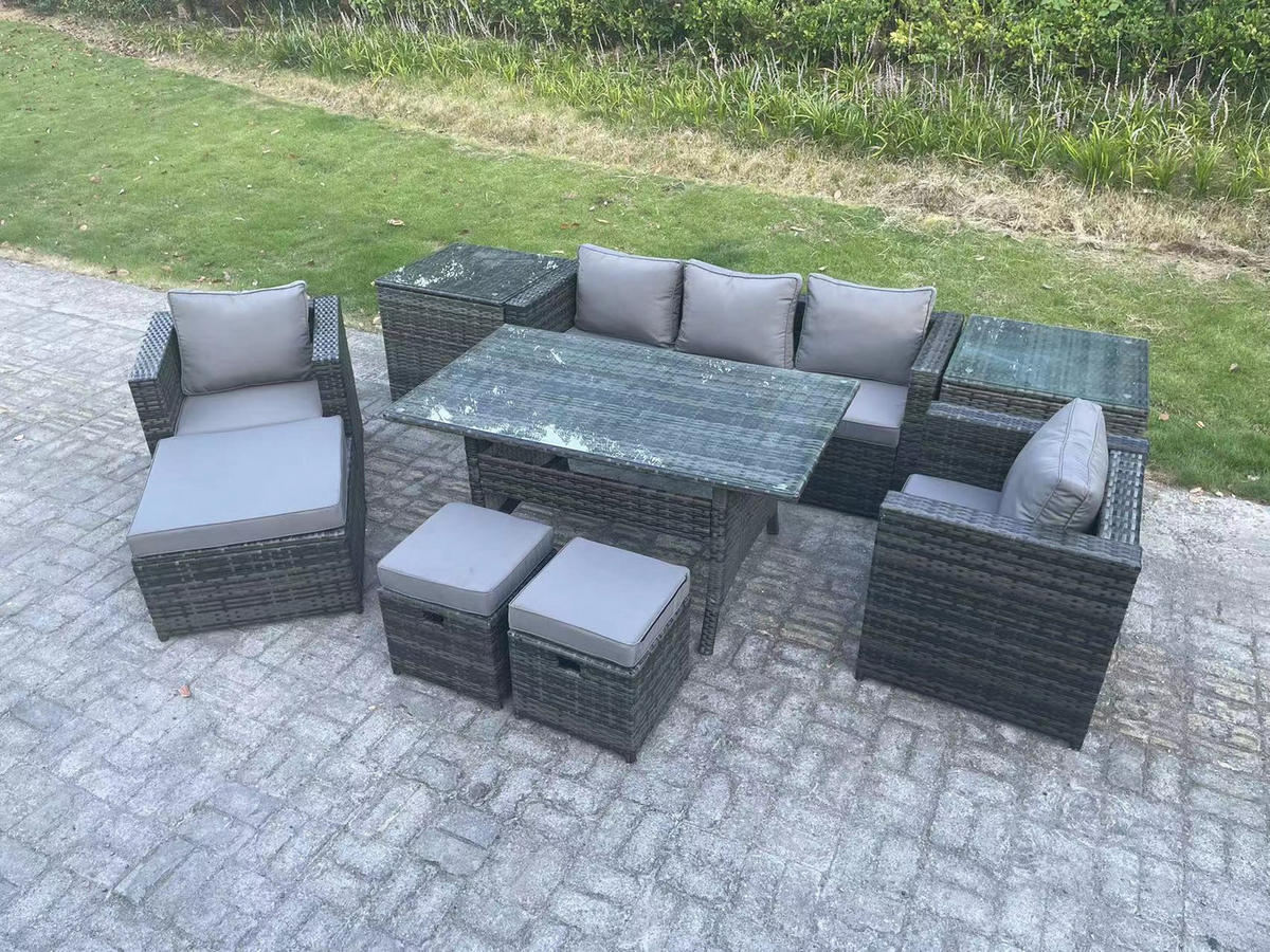 LOUNGEGARNITUR mit Stuhl,Beistelltischen Polyrattan Dunkelgrau 8-Sitzer - Dunkelgrau/Grau, Glas/Kunststoff - Fimous