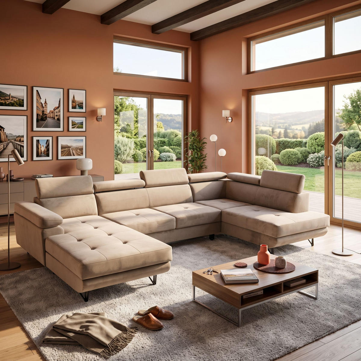 ECKSOFA U-Form JUNIOR U Rechts mit Schlaffunktion 128x254 Velours Beige - Beige/Schwarz, Holz/Textil (184/90/323cm) - Muffo