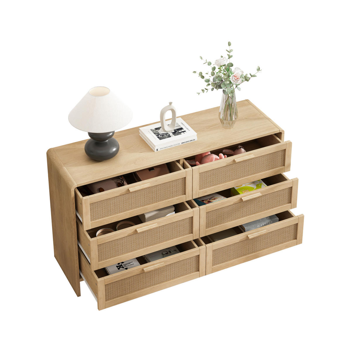 KOMMODE 130 cm in Natur mit 6 Schubladen und Rattanfronten - Naturfarben, Holzwerkstoff (130/74/40cm) - Flora Grace