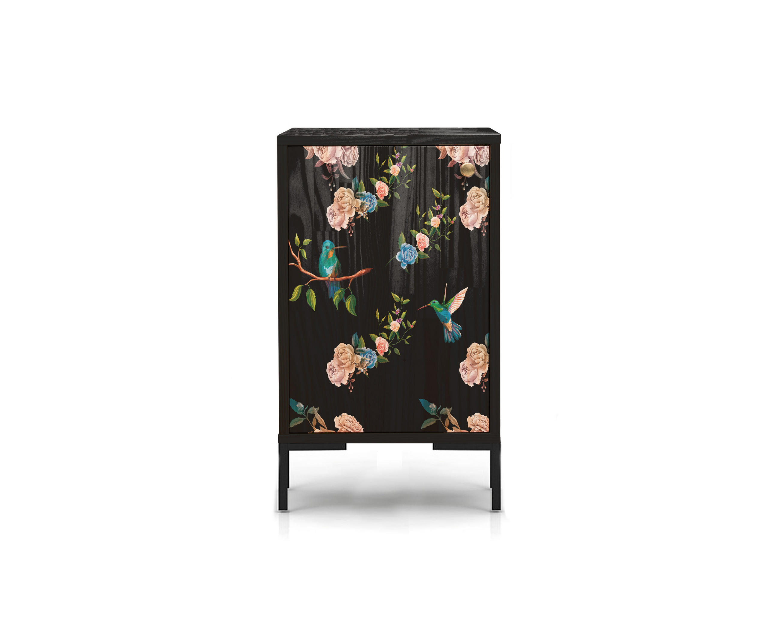 NACHTTISCH aus MDF mit Blumenmuster auf schwarzem Hintergrund COLIBRI - Schwarz/Rosa, Holzwerkstoff (30/65/40cm) - RNT By Really Nice Things