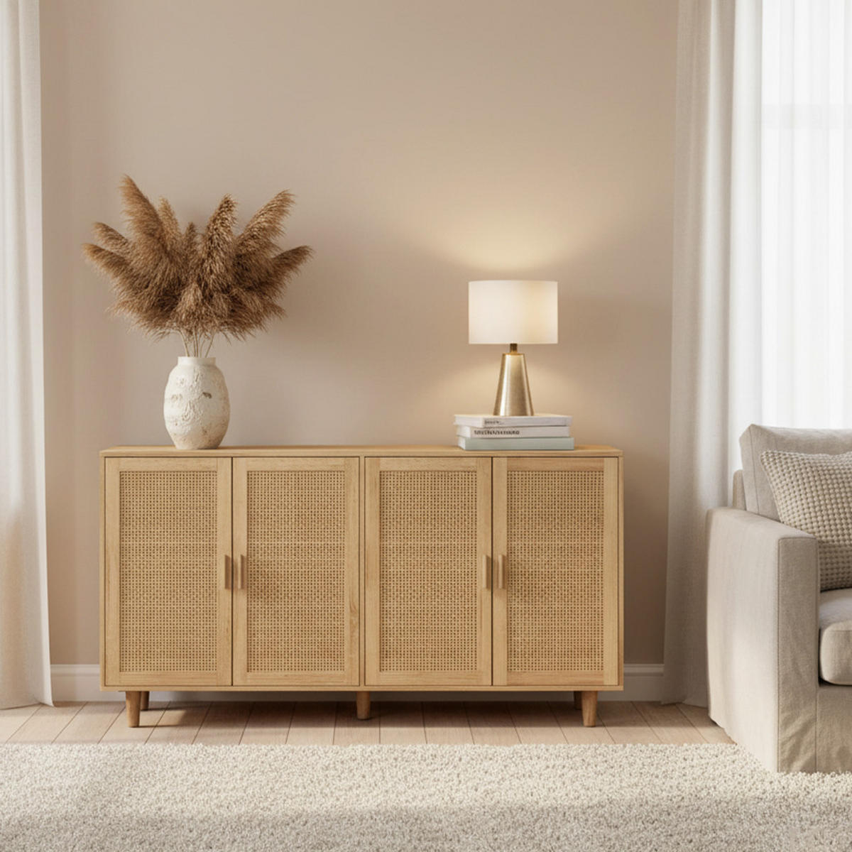 SIDEBOARD Rattanoptik Natur mit 4 Türen & Massivholzbeinen - Eiche San Remo, Holzwerkstoff (158/88/40cm) - Urban Meuble