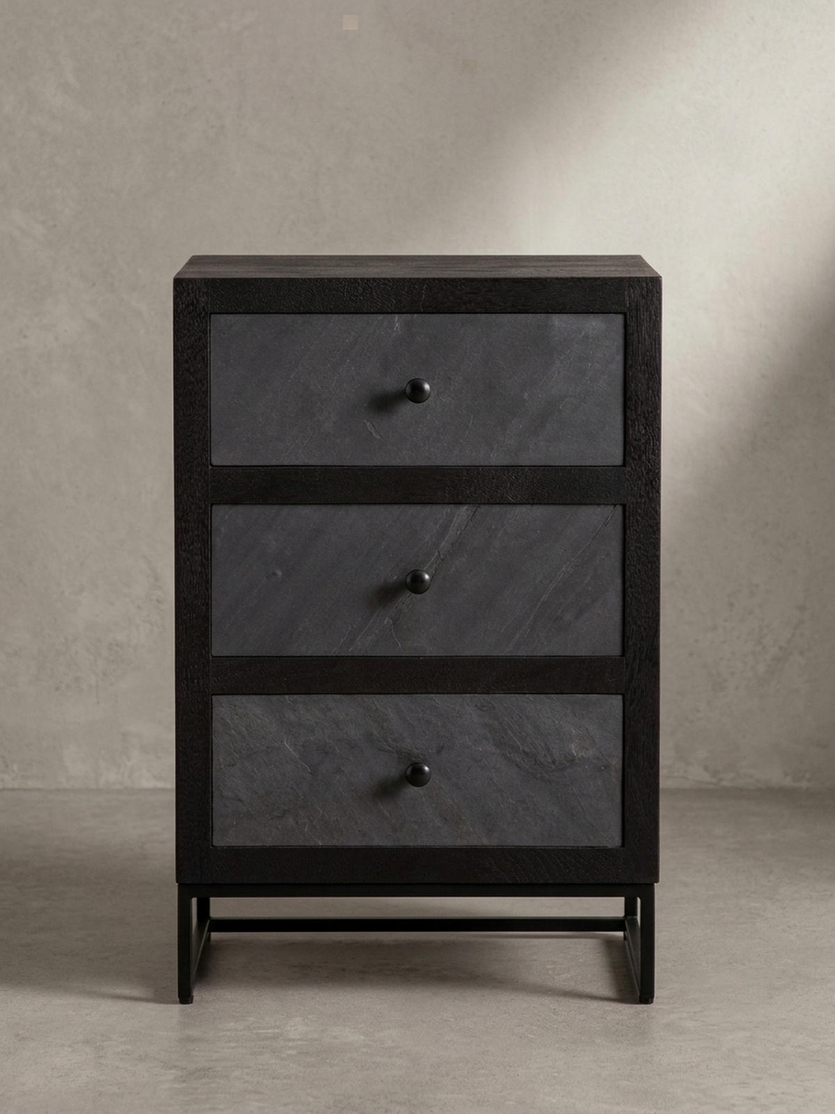 NACHTTISCH Massivholz Steinoptik 3 Schubladen Metallgestell, Schwarz 40x30x60 cm - Schwarz, Holz/Metall (40/60/30cm) - KADIMA DESIGN