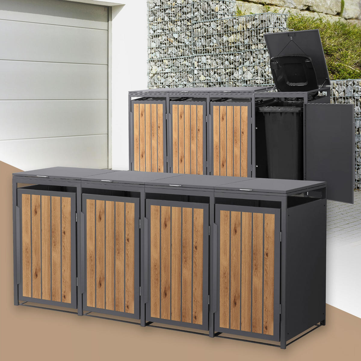MÜLLTONNENBOX 4er 240L 260x80x120 cm Anthrazit-Eiche hell aus Stahl - Hellbraun, Metall (80/120/260cm) - ML-DESIGN