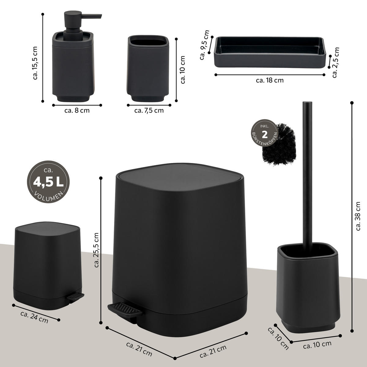 BAD-ACCESSOIRES-SET VALONA 5tlg., schwarz, Kunststoff - Schwarz, Kunststoff (21/25.5/21cm) - eluno