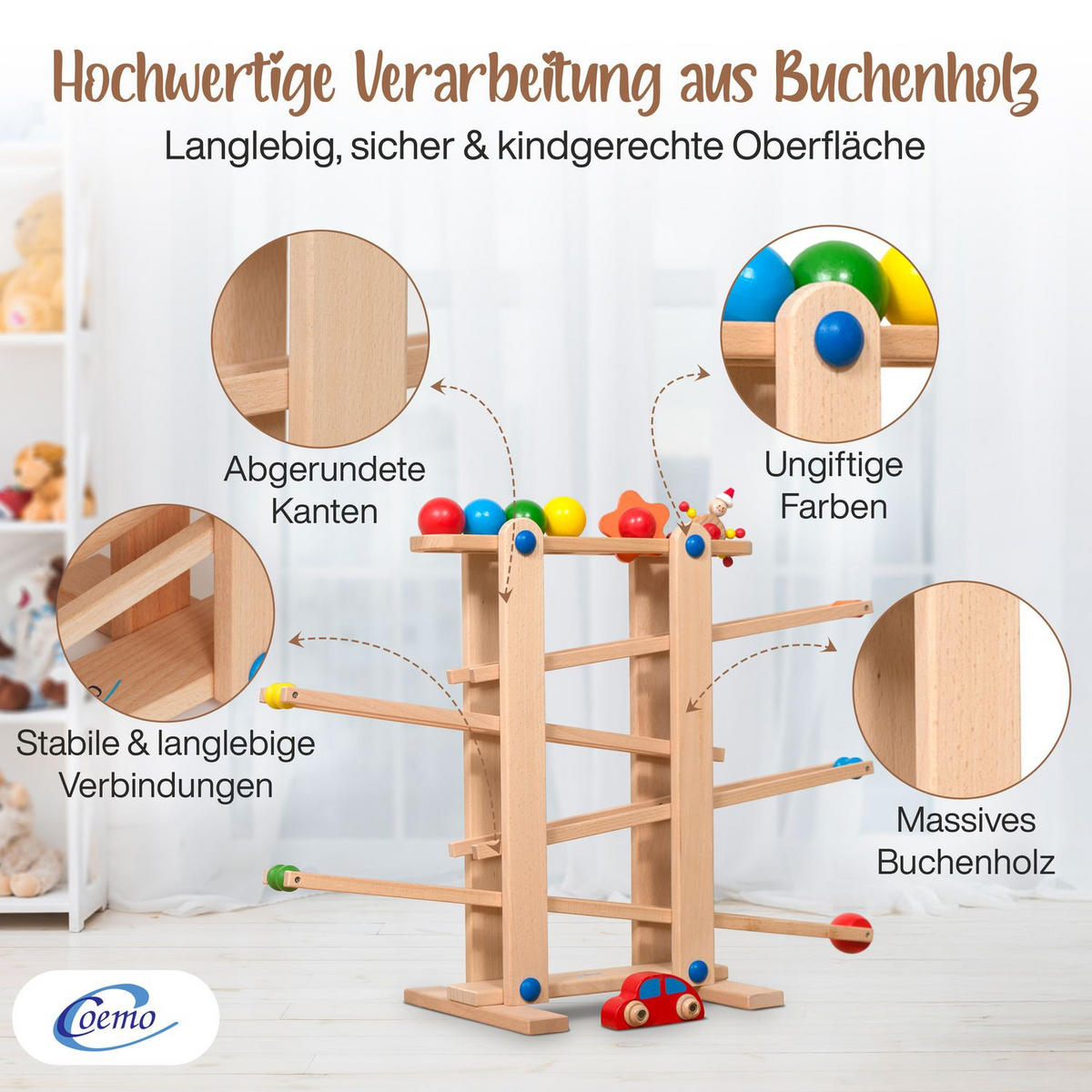 KUGELBAHN L Holz Natur mit 7 Roll Elementen - Naturfarben, Holz (26/70cm) - Coemo