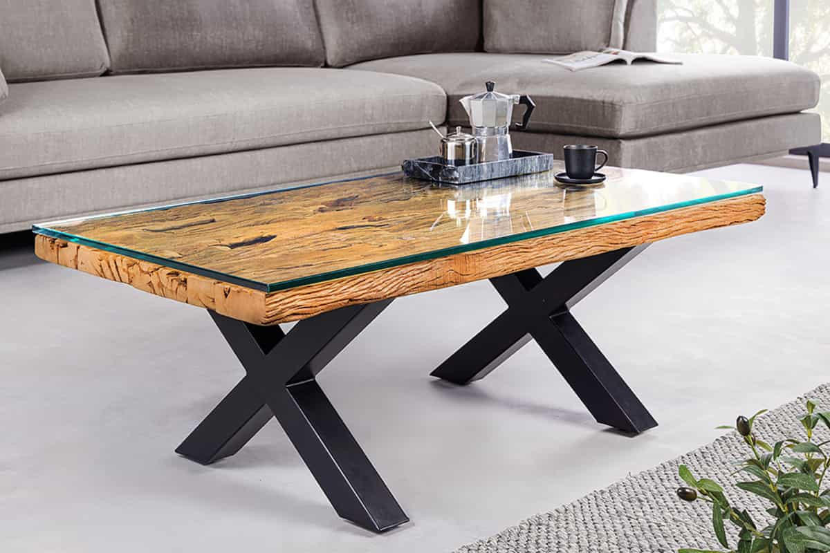 COUCHTISCH BARRACUDA Teakholz rechteckig Braun|Transparent 110cm - Transparent/Schwarz, Glas/Holz (60/110/40cm) - riess-ambiente