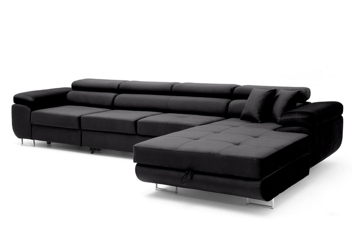 ECKSOFA ALONZO MAXI Rechts mit Schlaffunktion 125x195 Velours Schwarz - Silberfarben/Schwarz, Holz/Textil (203/350cm) - Muffo