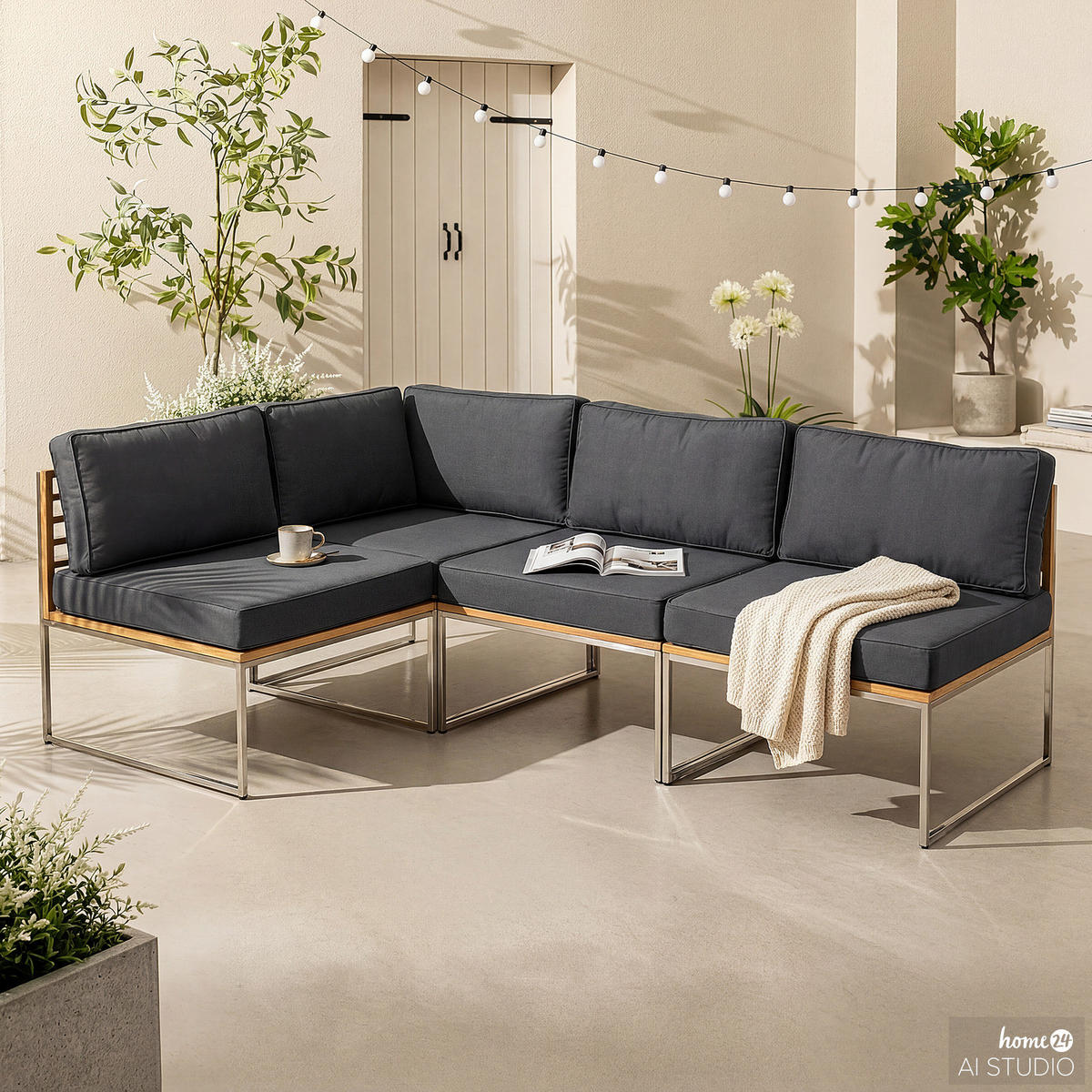 ECKBANK - 4-teilig - Webstoff / Teak massiv - Grau / Braun - Hellgrau, Holz/Textil (1/1/1cm) - home24