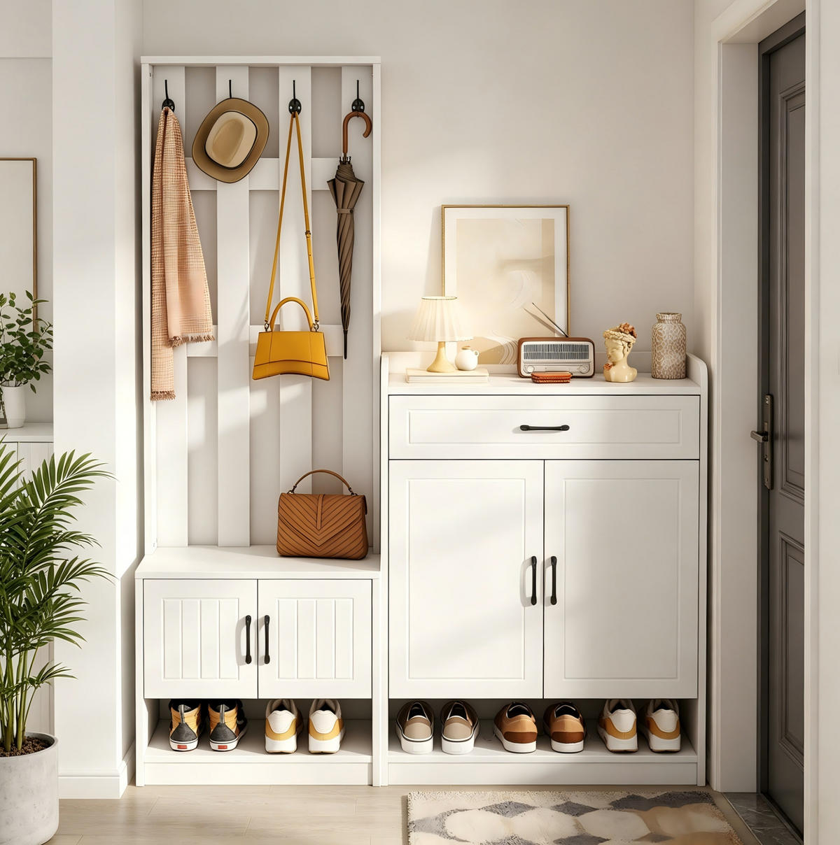 GARDEROBENSET 140/30,5/180 cm aus Spanplatte mit Schuhschrank, Bank und 4 Haken Weiß - Weiß, Holzwerkstoff (140.6/180/30.5cm) - Modenvie