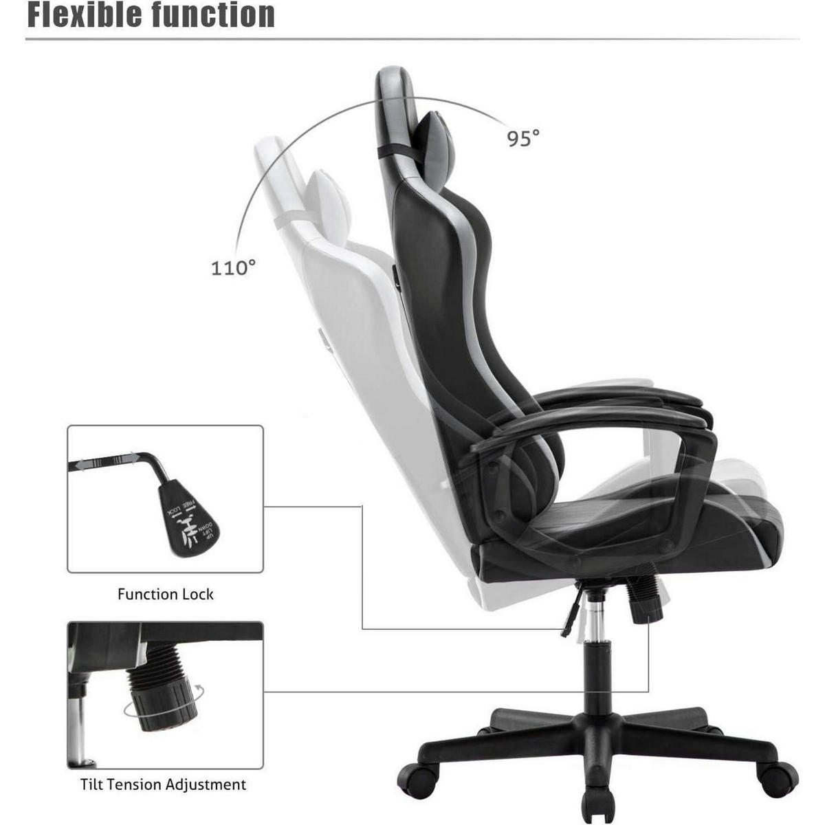 BÜROSTUHL mit Kopf- und Lendenkissen Grau 52 x 49 x 130 cm - Grau, Kunststoff (58/130/52cm)