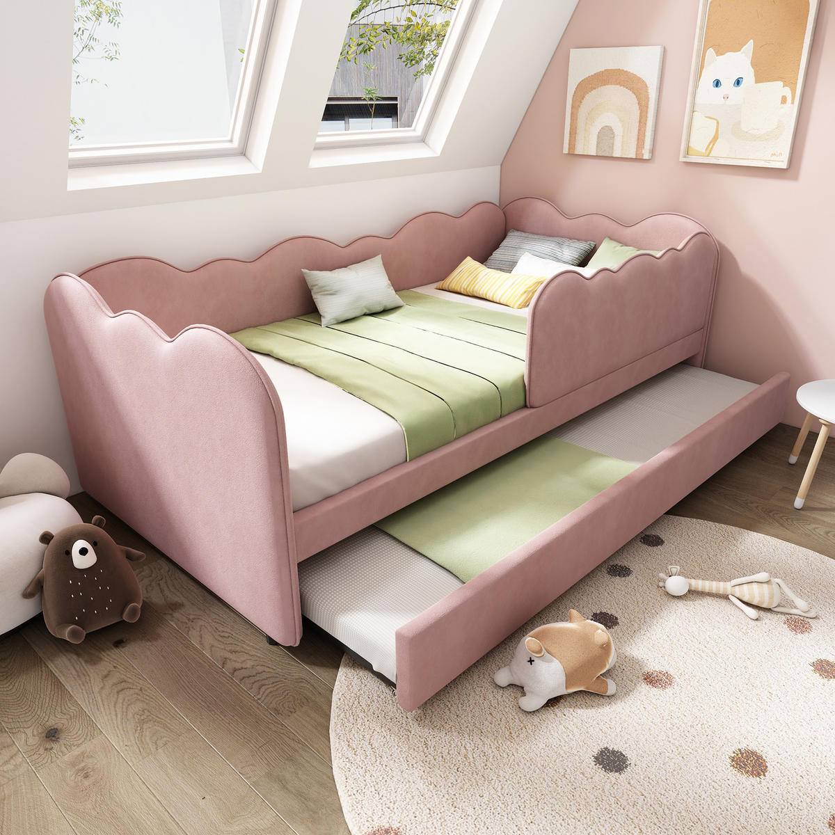 POLSTERBETT aus Samt 90x190 cm in Rosa mit Ausziehbett - Rosa, Textil (90/190cm) - Modfu