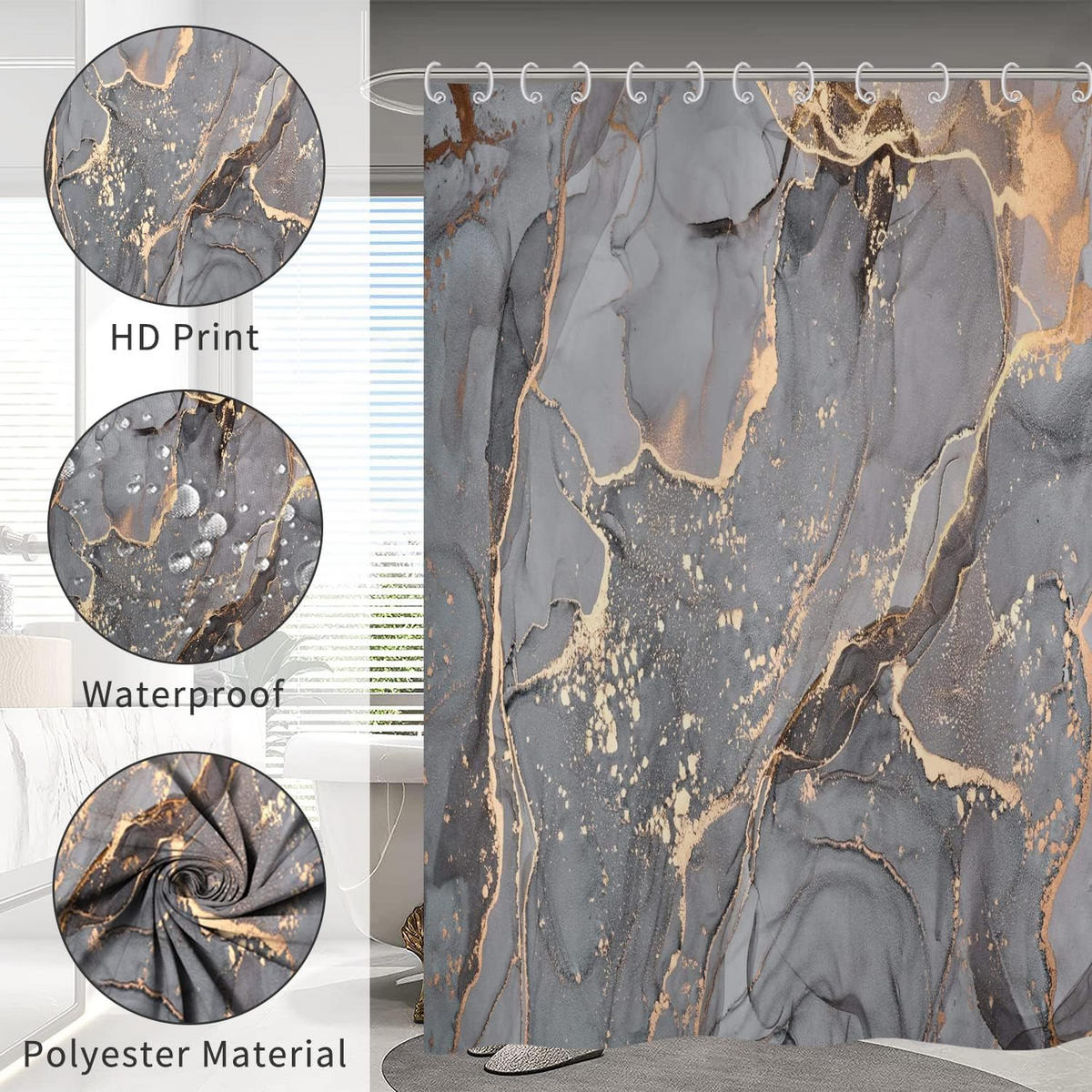 DUSCHVORHANG Grau Gold Marmor abstrakt modern Luxus Kunst wasserdicht mit Haken Badewanne - Multicolor, Textil (200/180cm) - MCBOSON