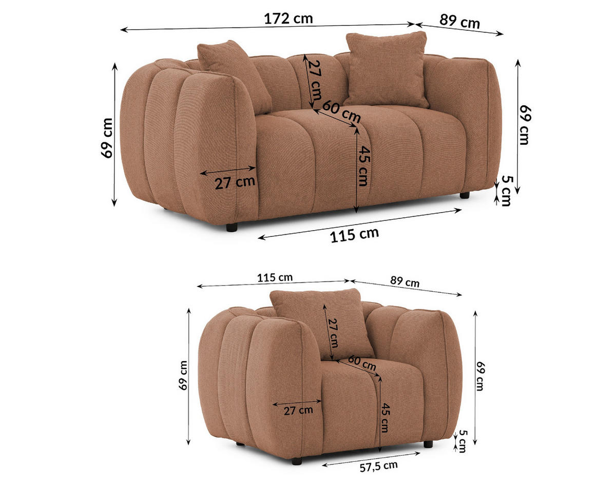 SITZGARNITUR 2+1 Nubira in tief gesteppter Bubble-Optik aus weichem Terrakotta Strukturstoff im modernen Design - Terracotta/Schwarz, Holz/Kunststoff (172/69/89cm) - S-Style Möbel
