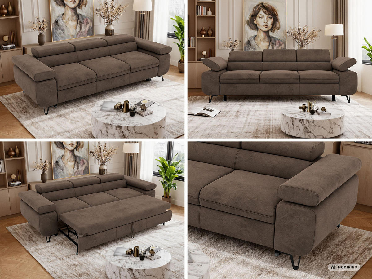 TROJMIESTNA POHOVKA PETER 3 s rozkládací funkcí - Hnedá Samet - hnedá/čierna, kov/textil (262/76/99cm) - MKS