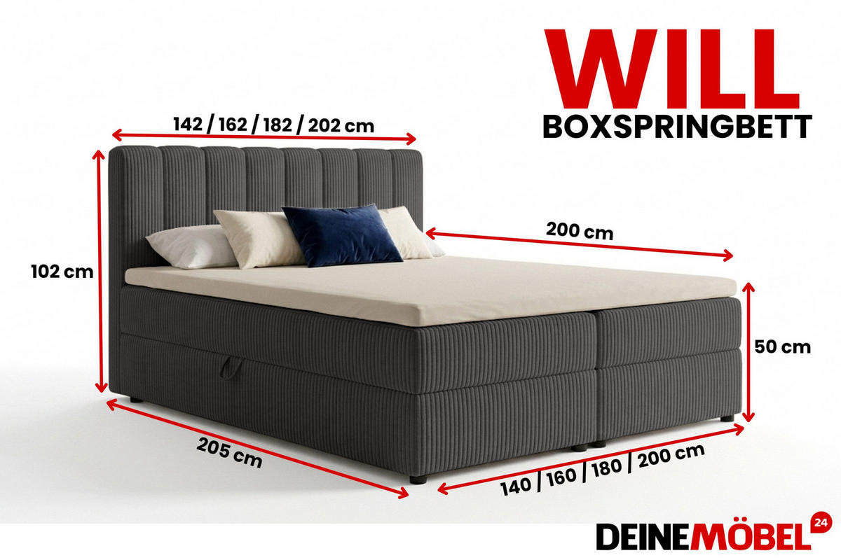 BOXBETT WILL 180/200 in Cord Anthrazit H3 - Anthrazit, Holz/Holzwerkstoff (180/200cm) - Deine Möbel 24