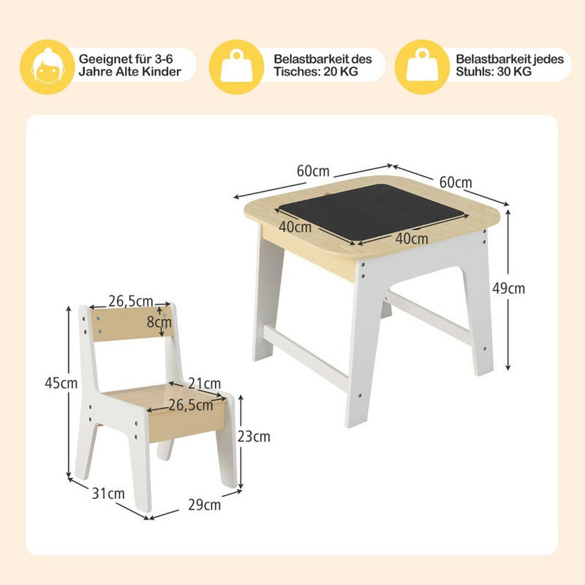 KINDERTISCH mit 2 Stühlen weiß (3-tlg) - Weiß, Holzwerkstoff (60/49/60cm) - COSTWAY