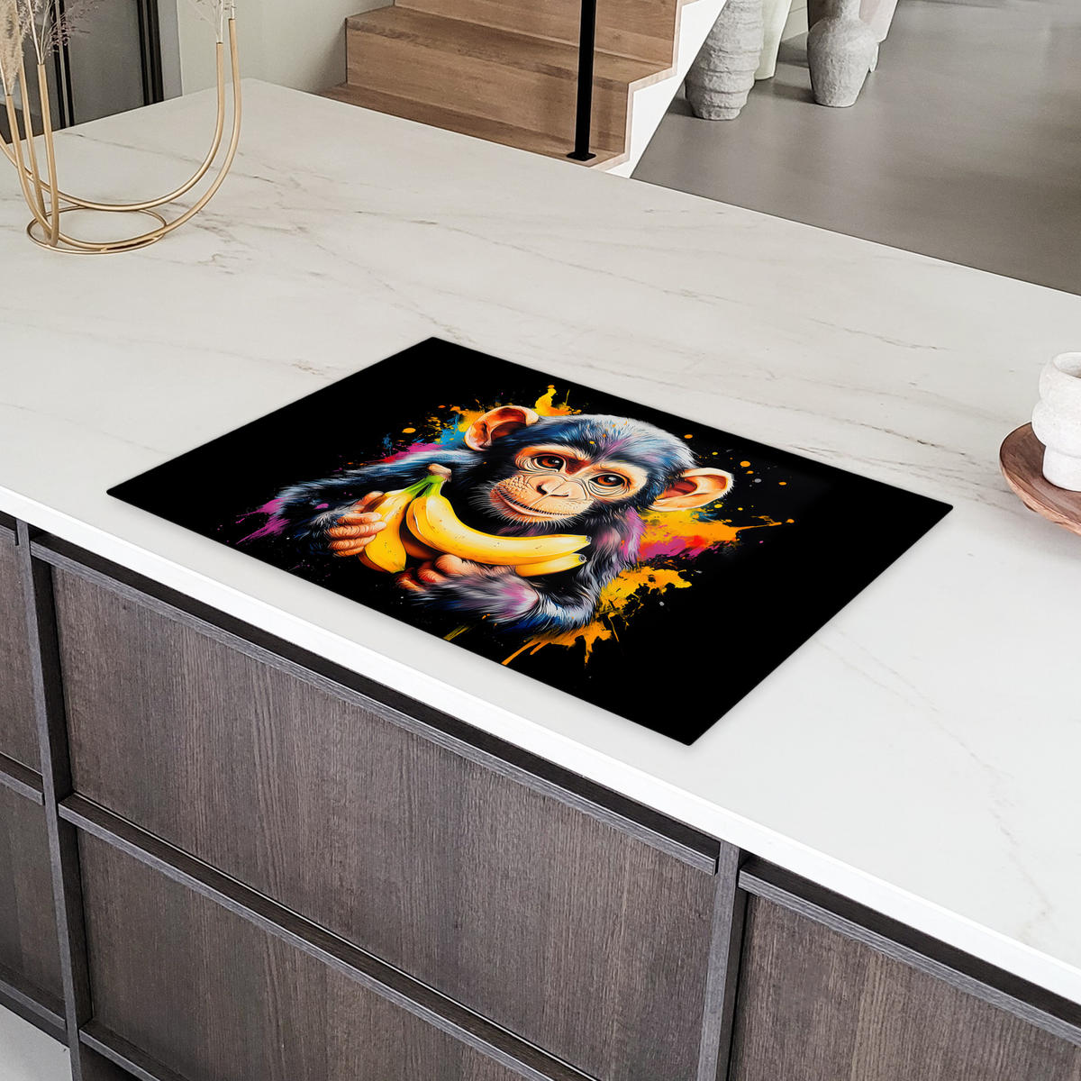 HERDABDECKPLATTE Affe - Graffiti - Farbenfroh - Bananen - Modern 81x52 cm - Gelb, Kunststoff (81.6/52.7/0.2cm) - MuchoWow