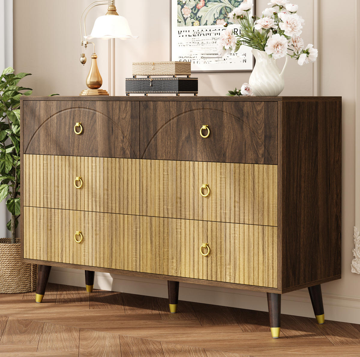 KOMODA 120/40/81 cm přírodní z MDF a dřevotřísky se 6 zásuvkami - přírodní, kompozitní dřevo (120/81/40cm) - OKWISH