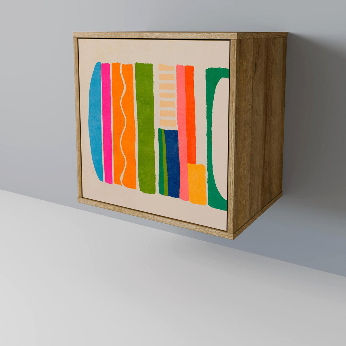 SIDEBOARD GEOMETRIC SHINE, Eichefarben, 57,5x42x67,5 cm, Schwarze Metall-Rahmenfüße - Eichefarben/Multicolor, Holzwerkstoff/Metall (57.5/67.5/42cm) - SpaceRebels
