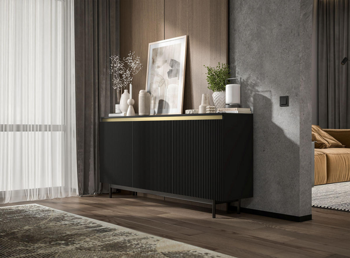 KOMMODE Selene 3D Schwarz matt 167 cm mit schwarzem Metallrahmen - Schwarz, Holzwerkstoff/Metall (166.8/79/35cm) - Meble Lindner