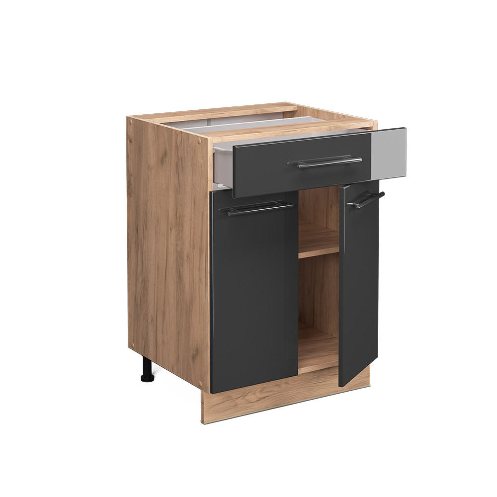 KÜCHENUNTERSCHRANK Fame-Line Anthrazit Hochglanz 60 cm mit Schublade ohne AP - Anthrazit/Eiche Wotan, Holzwerkstoff (60/82/51.6cm) - Vicco