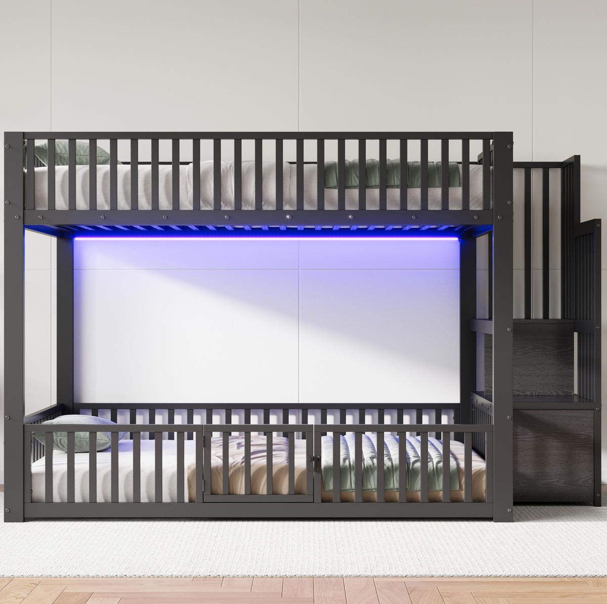 ETAGENBETT 140/200 cm aus MDF und Metall mit LED, Schwarz - Schwarz, Metall (140/200cm) - OKMYHOME