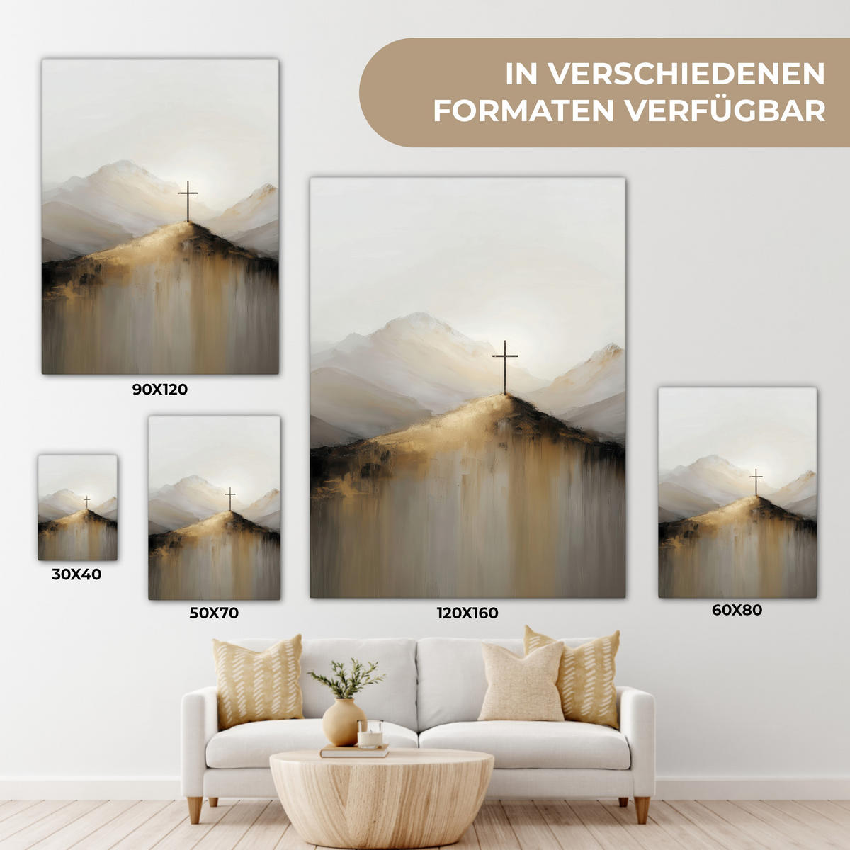 LEINWANDBILD Hügel - Abstrakt - Kreuz - Christentum Room Decor 30x40 cm - Beige, Textil (30/40cm) - MuchoWow