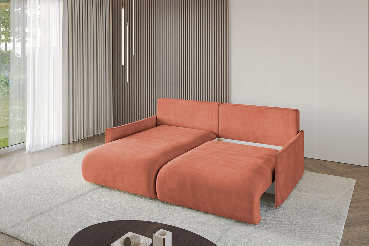 ECKSOFA mit Schlaffunktion und Bettkasten ONESK-L -v1 208x165x40 Apricot Velours - Koralle, Holzwerkstoff/Kunststoff (208/165cm) - ALTDECOR