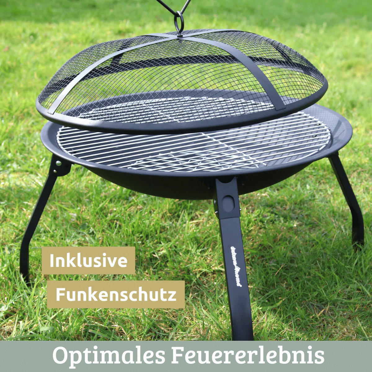 FEUERSCHALE mit Funkenschutz KHELO mit Grillrost Schwarz - Schwarz, Metall (55/30/55cm) - DELUKE