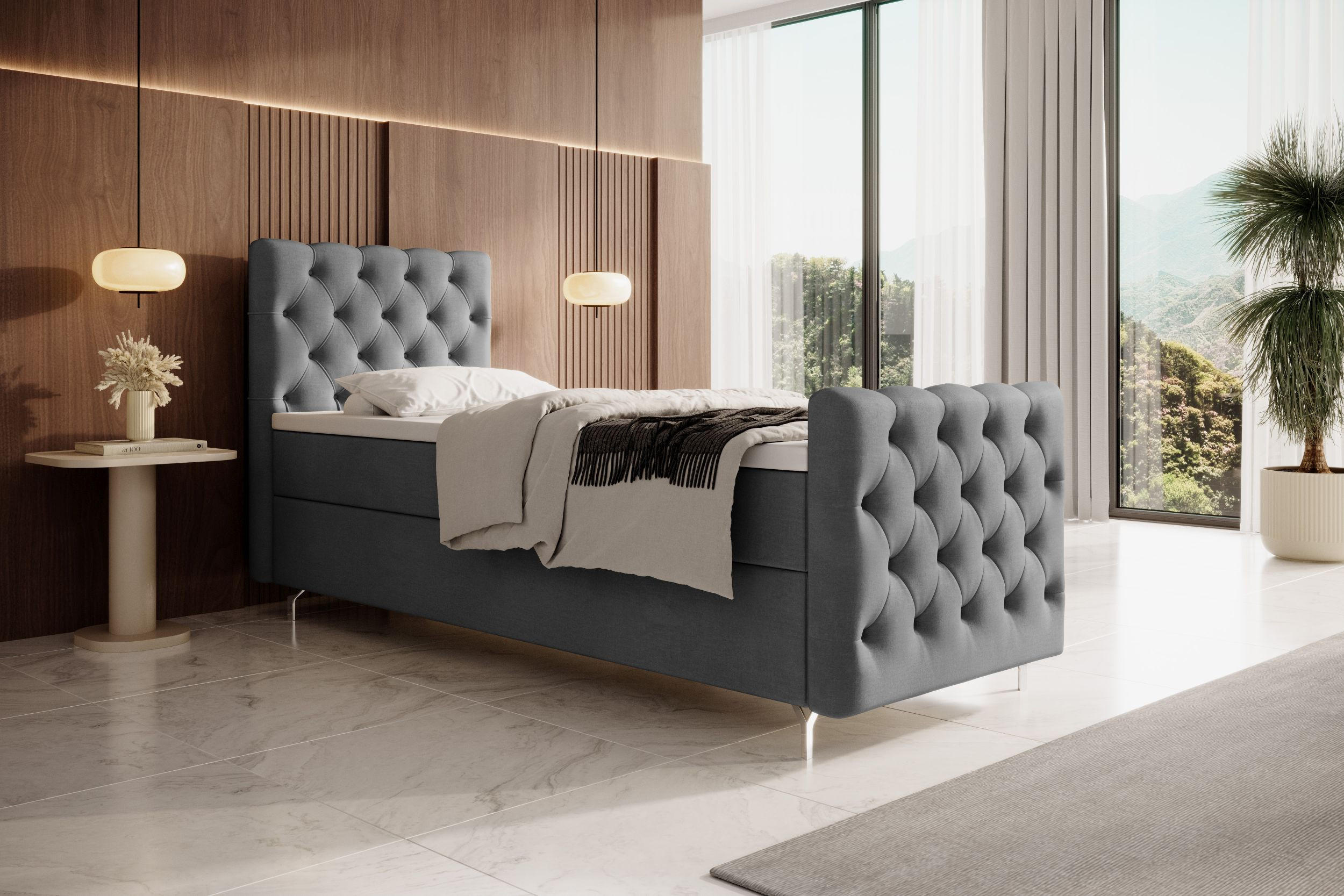 BOXBETT CHESTER PLUS P mit Matratze H3, Bonell und Topper 100x200 Monolith 92 - Grau, Textil (100/200cm) - Bedante