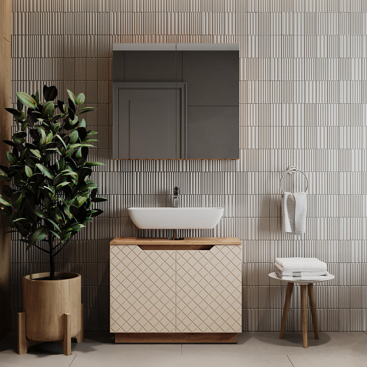 BADMÖBEL-SET Lotta Eiche/Kaschmir mit Kachelstruktur 2 Teile - Kaschmir/Eichefarben, Holzwerkstoff (79.6/62.1/32cm) - Vicco