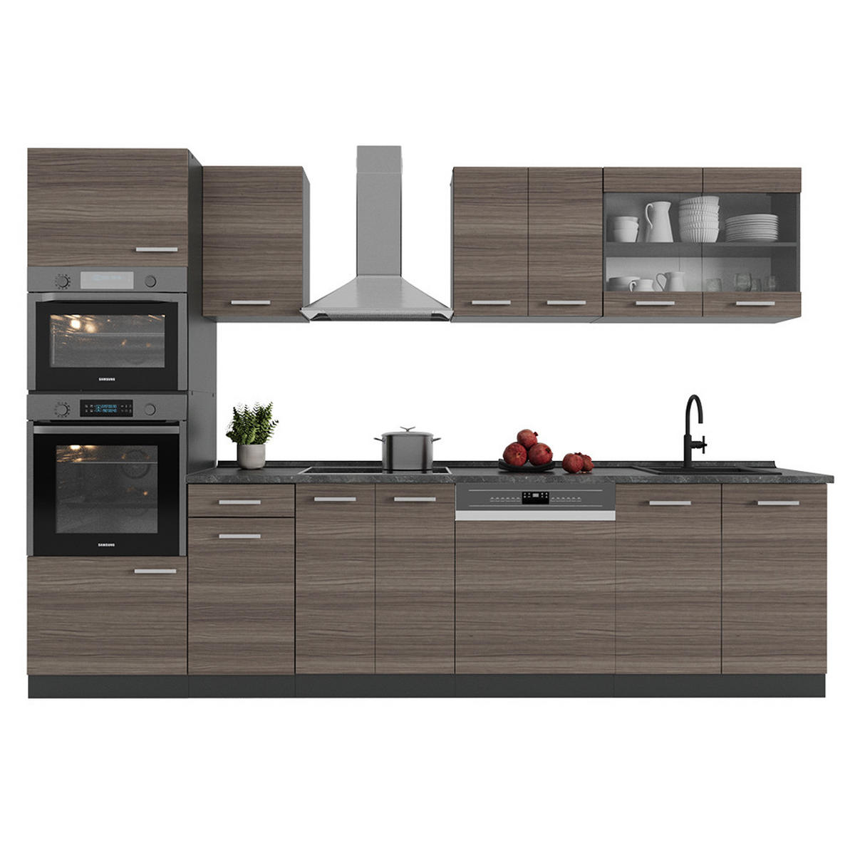 KÜCHENZEILE R-Line Edelgrau/Anthrazit 300 cm mit Hochschrank, ohne Arbeitsplatte - Anthrazit/Braun, Holzwerkstoff (300/81.6/46cm) - Vicco