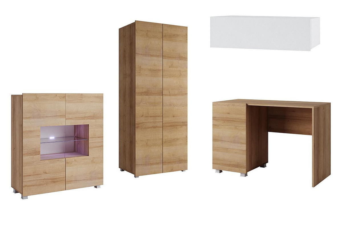 WOHNWAND Kossana 8 Modern Weiß/Goldene Eiche 290/200/52 cm - Funktional Modern - Hellbraun/Weiß, Holzwerkstoff/Kunststoff (290/200/52cm) - AX Living