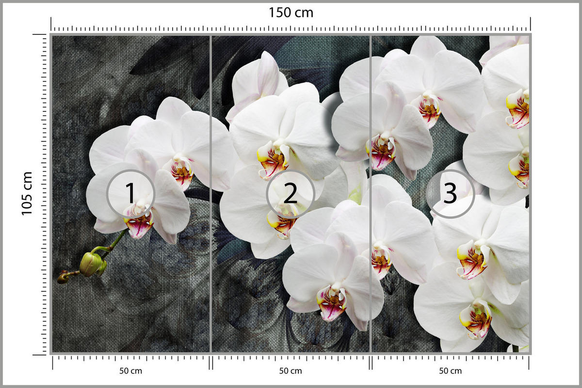 FOTOTAPETE für Schlafzimmer Weiße Orchideen Rustikales Hintergrund Floral 150x105 - Weiß/Grau, Papier (150/105cm) - Muralo