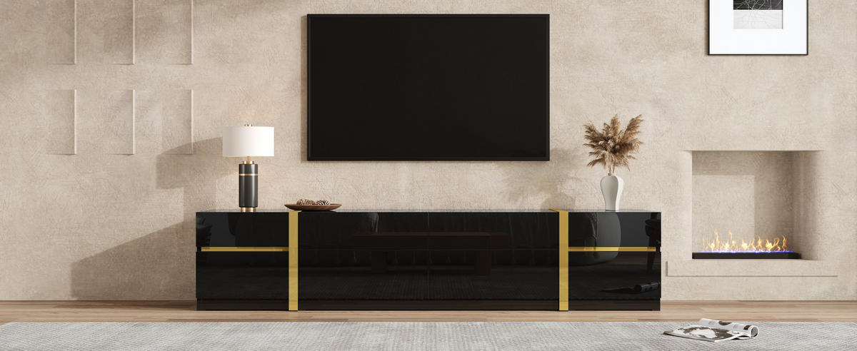 TV-SCHRANK Lowboard Hochglanz Goldkante Türen Schubladen - Schwarz, Holz (180/38/40cm) - LEBENLANG