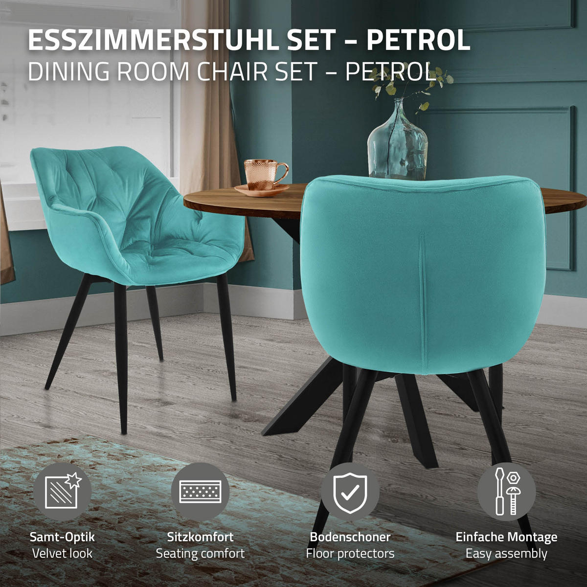 JÍDELNÍ ŽIDLE, sada 2 ks, petrolový samet - modrá/černá, kov (67/83/59cm) - ML-DESIGN