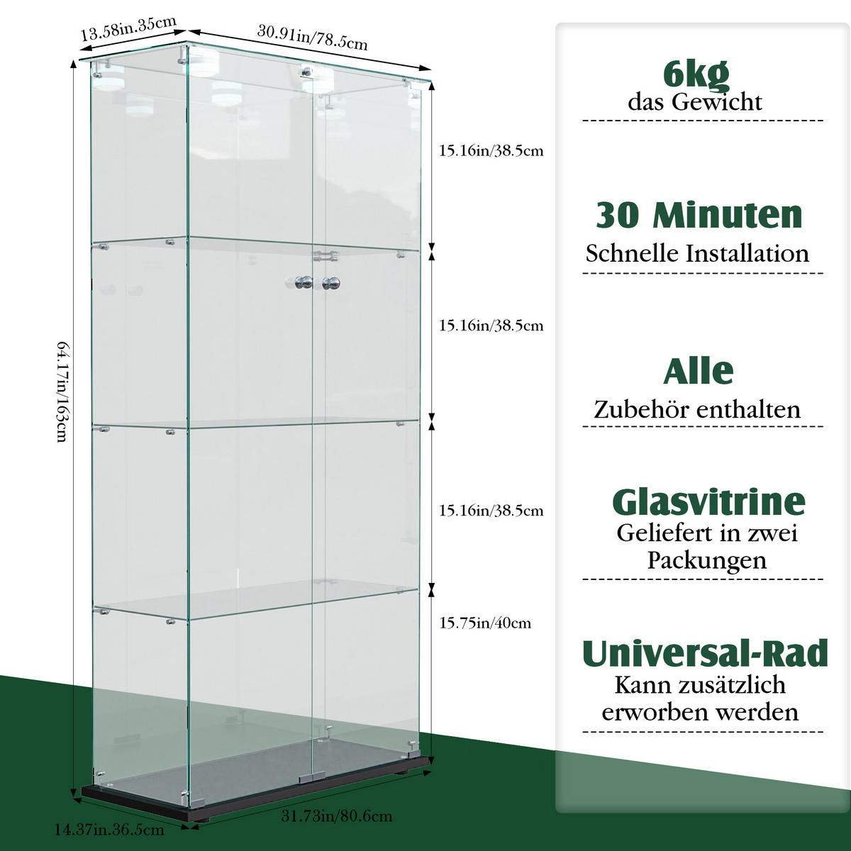 GLASVITRINE, 4 Glasböden, Doppeltür mit Schloss, Touch-LED, Schwarz - Schwarz, Glas (78.5/163/35cm) - BRILVERDE