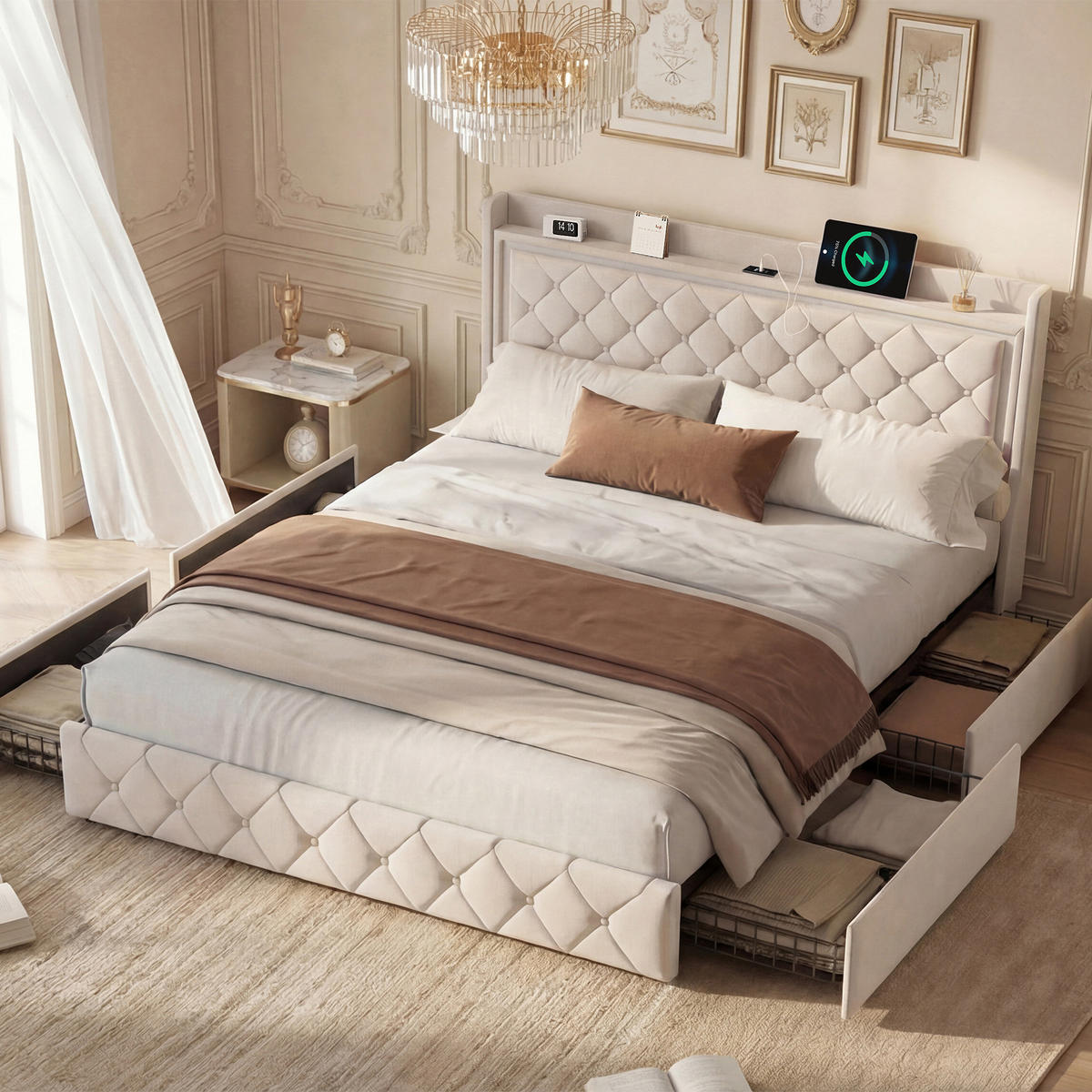 POLSTERBETT 140x200 cm, Stauraumbett mit 4 Schubladen, LED & USB/Type-C, Flauschstoff in Beige - Beige, Holz (140/200cm) - BRILVERDE