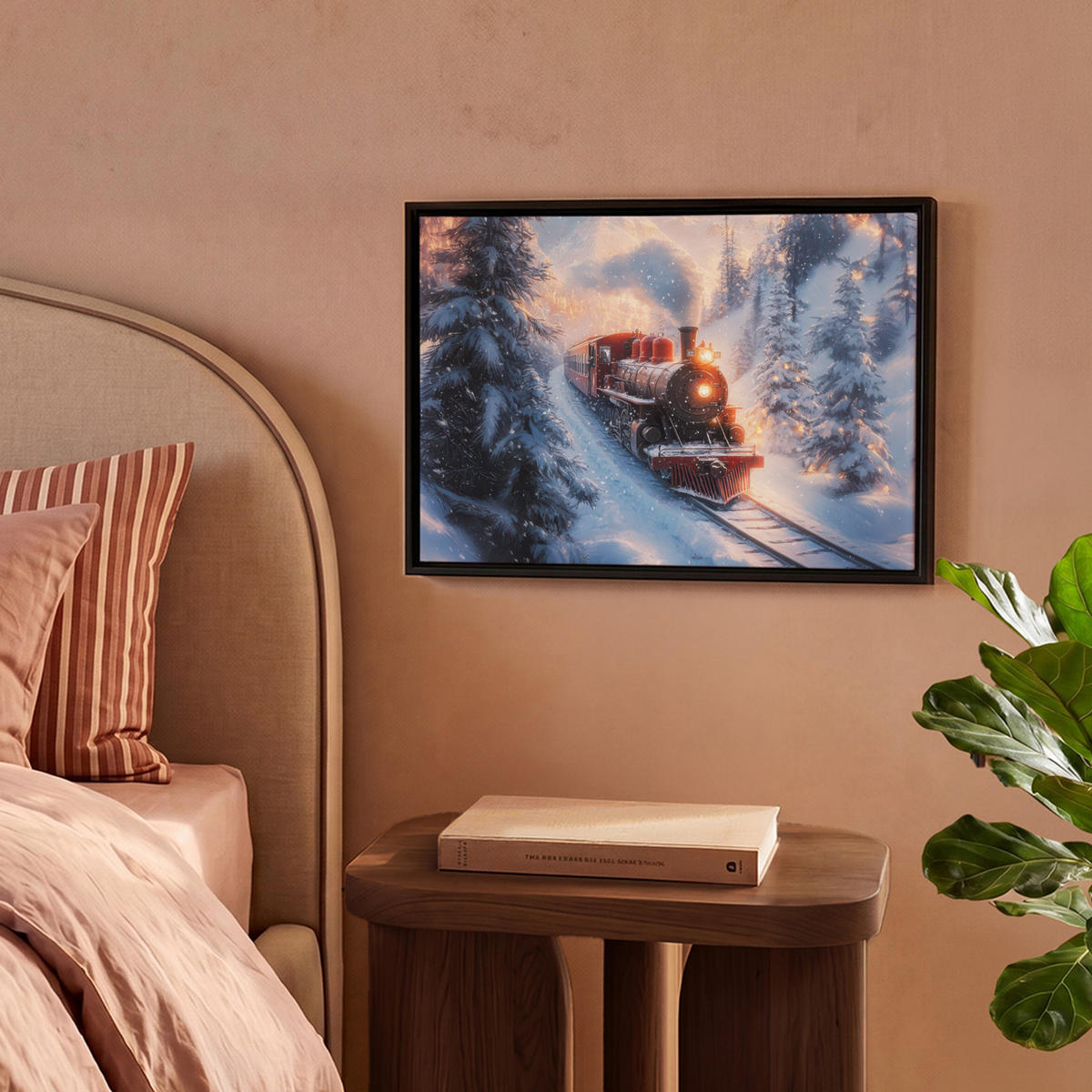 LEINWAND Bilder mit Rahmen - Weihnachtszug - Schnee - Winter - Weihnachten - 40x30 - Dunkelrot, Textil (40/30cm) - MuchoWow