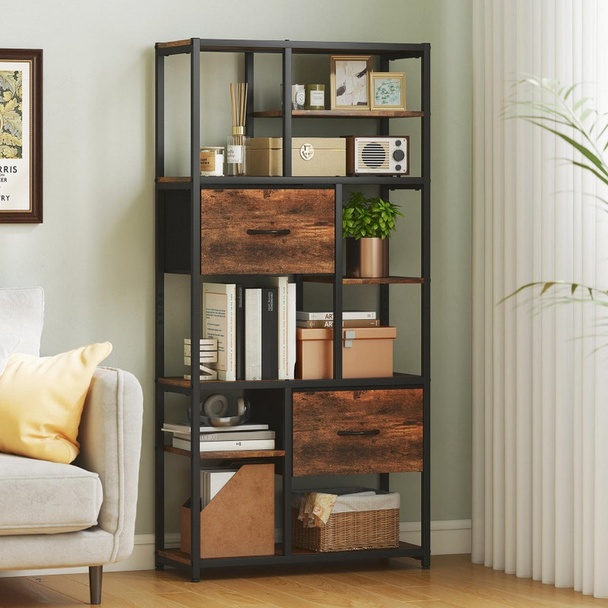 BÜCHERREGAL 72,5/30/150 cm mit 9 offenen Fächern und 2 Stoffschubladen - Braun, Holzwerkstoff (72.5/150/30cm) - BEAOK