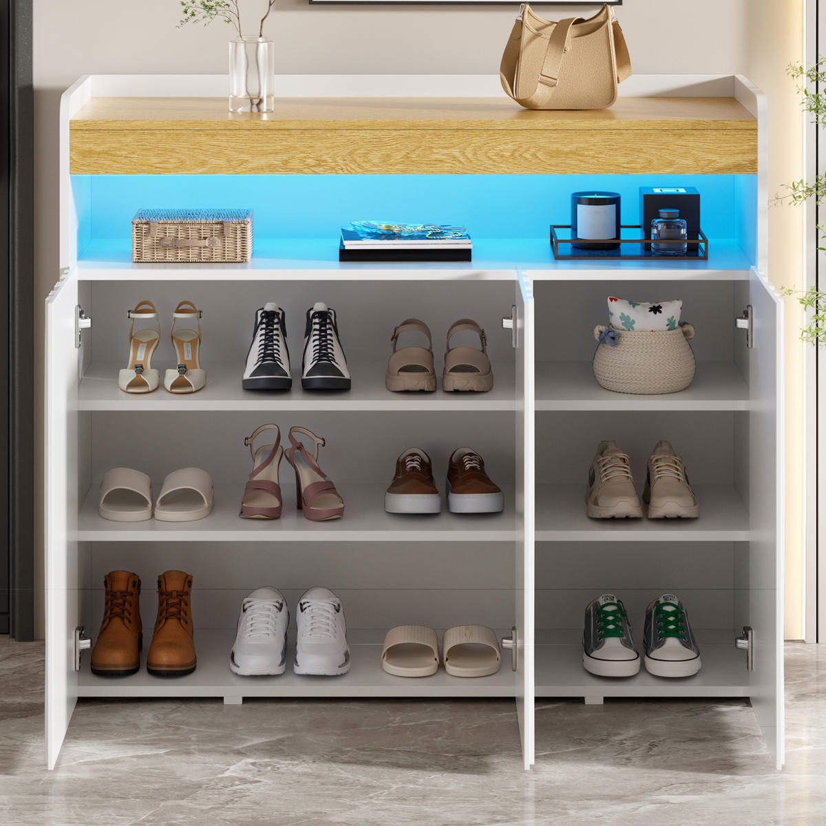 SCHUHSCHRANK in Weiß mit LED-Beleuchtung und 3 Türen für Flur, B105/T35/H90,5 cm - Weiß, Holzwerkstoff (105/90.5/35cm) - STILVORA