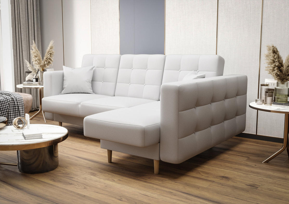 ECKSOFA KONGO RBN12, Eckcouch in L-Form mit Schlaffunktion, Farbe: Weiß, Kunstleder, Ottomane Rechts - Weiß, Textil (225/158cm) - O-Sofa