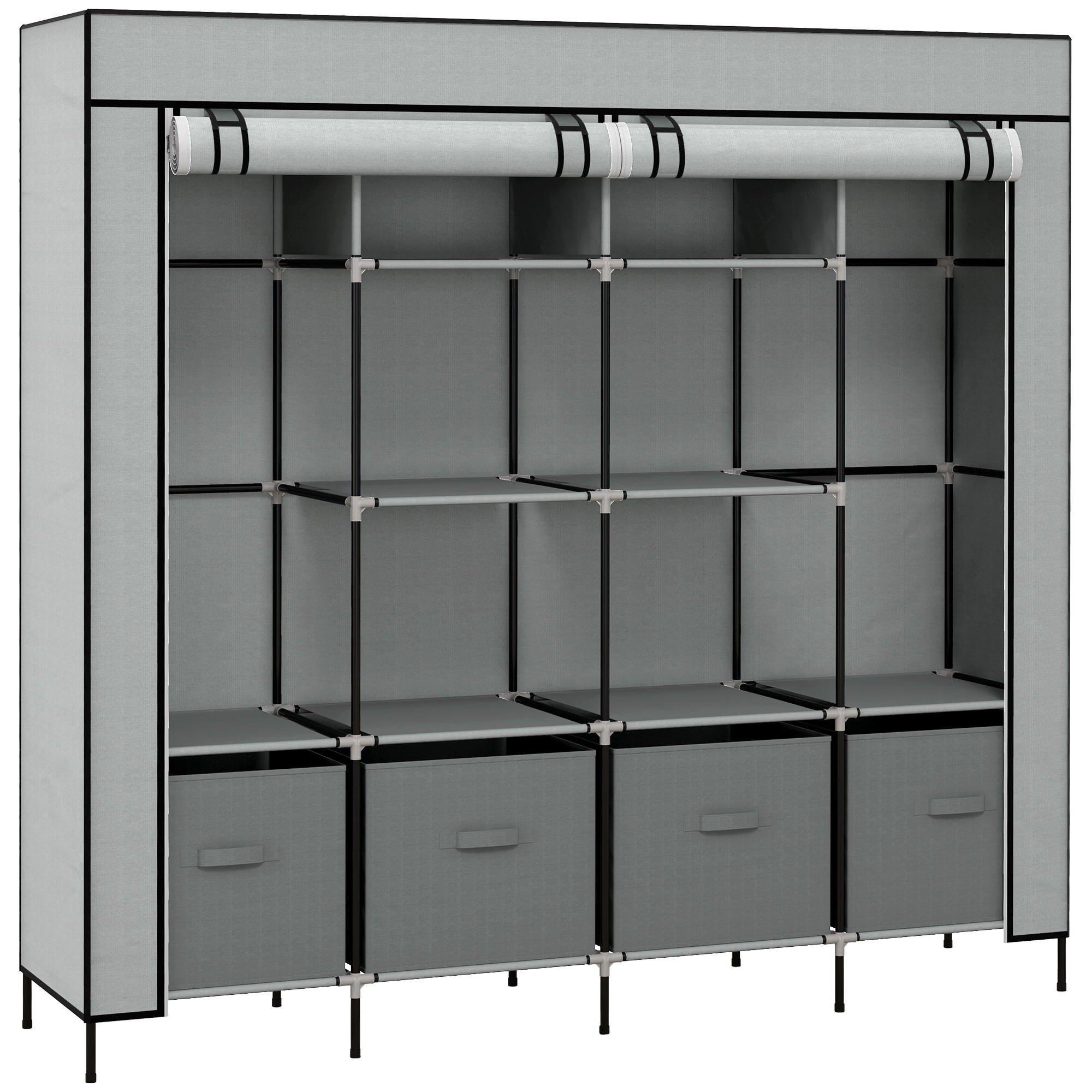 STOFFSCHRANK Kleiderschrank mit Kleiderstange, 10 Fächern, 4 Schubladen - Dunkelgrau, Metall (42.5/169.5/166cm) - HOMCOM