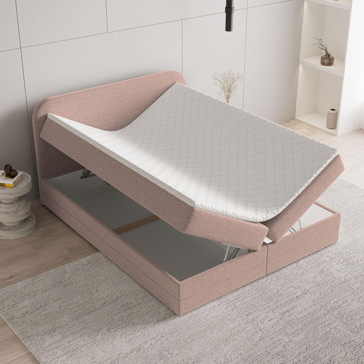 BOXBETT ARMEL 160x200 cm mit Matratze und Topper - Rosa - Rosa, Holz (160/200cm) - MASSENO